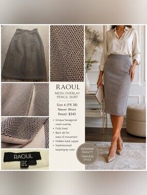 RAOUL Designer Mesh Overlay Pencil Skirt 6 Taupe Gray | Never Worn | Retail $345